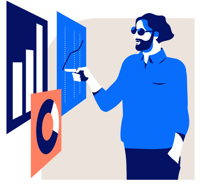 Illustration man pointing to statistics on the wall